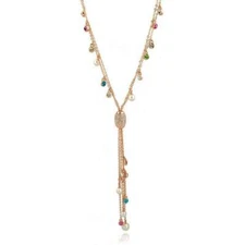 Gold Chain Lariat with Multi Colored Crystals and Tassel Beaded Long Layered