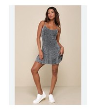 LULU'S Simply Pretty Washed Black Ribbed Pleated Sleeveless Mini Dress M Stretch