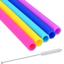 Reusable Silicone Drinking Straws - Set of 5 - BPA Free - Free Cleaning Brush...
