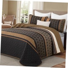 Size Quilt Set Boho, Soft 3 Pieces Striped Bedspreads Quilts King Brown