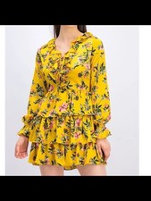 AVEC LES FILLES Womens Yellow Tie Long Sleeve Short Party Fit + Flare Dress 4