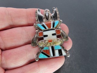 Vtg Sterling Silver & Multistone Inlay Kachina Brooch Unsigned 15.1g