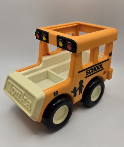 Vintage 1987 BANDAI/TONKA gelber Schulbus Plastikspielzeug mit Klickrädern 🚍🚸