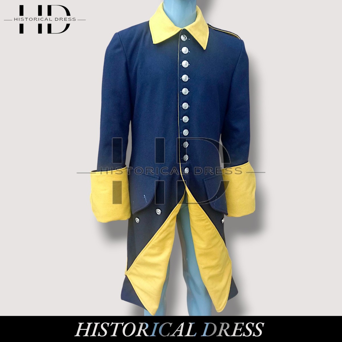 New Men's 18th Century Swedish Blue Wool Military Coat Vintage