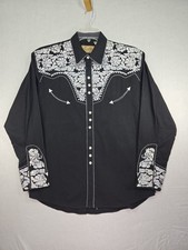 Scully Gunfighter Black White Embroidered Men's Medium Pearl Snap Western Shirt