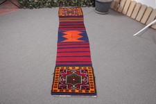 Turkish Runner Rug 1,5x6,8 ft, Red Blue Bordered Rug Wool