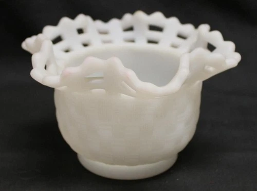 Vintage Fenton Milk Glass Basket Weave Bowl Open Lace Lattice Ruffle Edge
