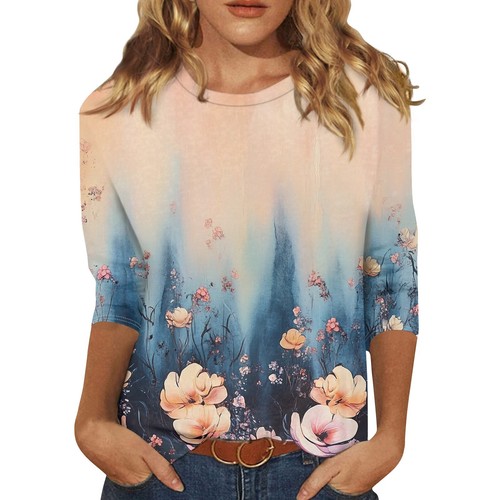 Women's Round Neck Summer Casual Ladies Print 3/4 Sleeve Tops Blouse T Shirt 8 - Picture 6 of 42
