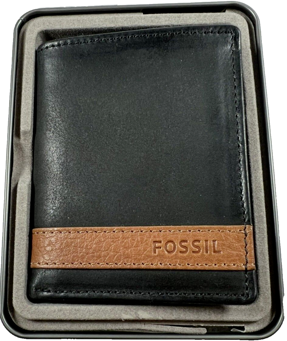 NEW FOSSIL QUINN Black & brown LEATHER TRIFOLD MEN'S WALLET eBay