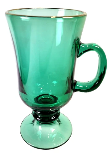 One Vintage Libbey Juniper Green Glass Footed Irish Coffee Mug Gold Rim