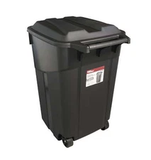(2 Pack)  45 Gallon Wheeled Heavy Duty Plastic Garbage Can, Attached Lid, Black
