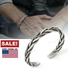 Thai Handmade Vintage Open Bangle Twisted Cuff Men Bracelet 925 Sterling Silver