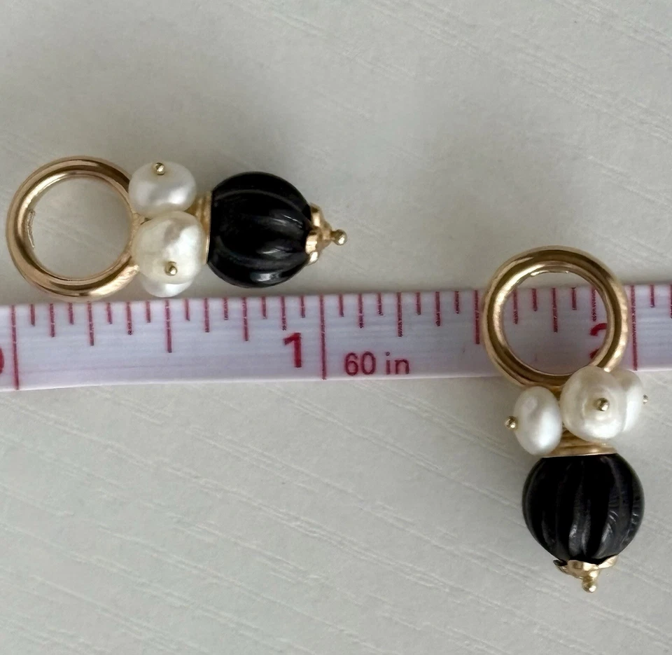 Potenciadores de pendientes de ónix y perlas de melón tallado en oro amarillo de 14k para damas finos 5 g Foto 4 de 4