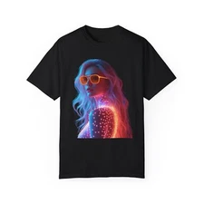 Futuristic Woman Vibrant Neon Graphic Tee Unisex, Cool Casual Wear