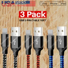 3Pack 10Ft USB Fast Charger Cord Braided Cable Heavy Duty For iPhone 13 12 11 8