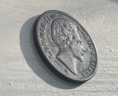 1876 D - BAVARIA KINGDOM German States D King LUDWIG II Old Silver 2 Mark Coin