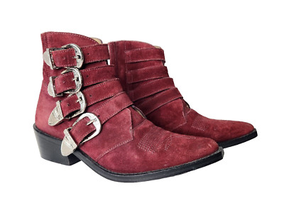 Toga Pulla Burgundy Red Four-Buckle Western Boots Leather Suede GORGEOUS 36 US 6