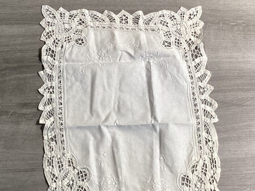 Vintage Off-White Linen Table Runner with Embroidery and Openwork 48” x 14” - Picture 2 of 15