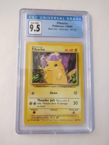 CGC 9.5 GEM MINT 10 Pikachu Yellow Cheeks Base Set Unlimited #58 Pokemon 1999