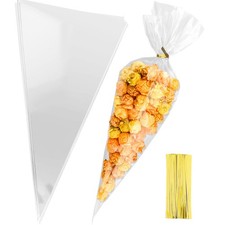 100Pcs 7x15 Inch Cone Shaped Clear Cello Treat Bags for Party Favors Snack Wraps
