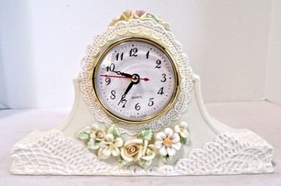 Vintage Ceramic Floral And Lace MANTEL CLOCK - Excellent Condition