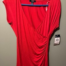 Chaps Red Short Sleeve Ruched V-Neck Dress