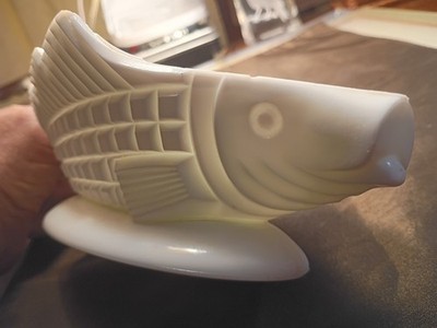 Rare, Antique 1880s Challinor Taylor Milk Glass 9in Fish Candy Dish VF