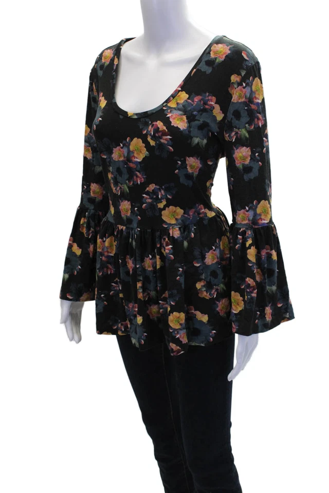 Blusa negra Artelier Nicole Miller floral manga larga con volantes talla XL para mujer Foto 2 de 4