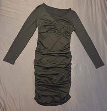 Black Bodycon Dress M Ruched Accents Pullover Long Sleeve Knee Length