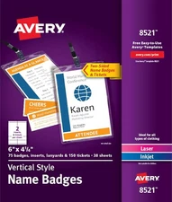 Avery 8521 Vertical Style Name Badges Kit 75 Badges Inserts Lanyards 6" x 4.25"