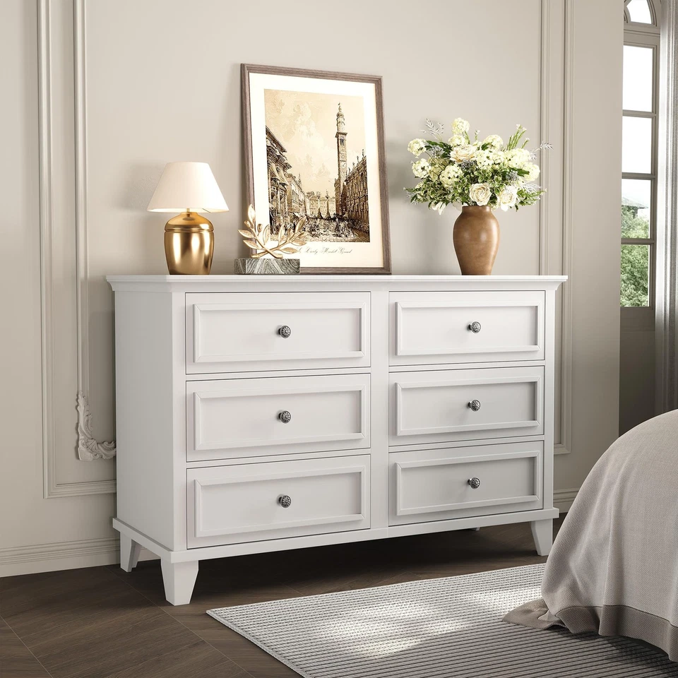 Farmhouse White Dresser for Bedroom with 6 Drawer, Double Dresser TV Stand wi... - Image 3 of 4