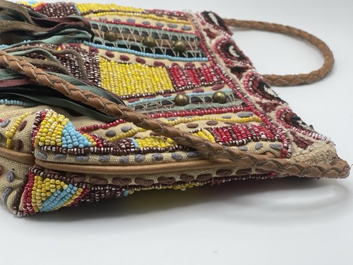 Antik Batik Crossbody Handbag Beaded Leather Strap Suede Fringe Hippie Bohemian - Picture 6 of 16