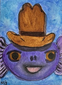 ACEO fish wearing Cowboy Hat painting on Paper, Animal Theme riblet764