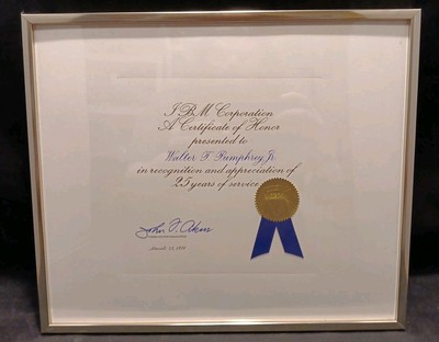 Vintage 1986 IBM Corporation 25 Year Employee Service Award Signed By CEO Framed