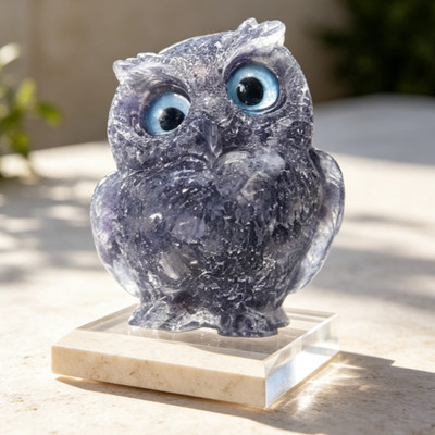 Natural Amethyst Crushed Stone Owl Figurine Mini Crystal Animal Statue Desk Deco