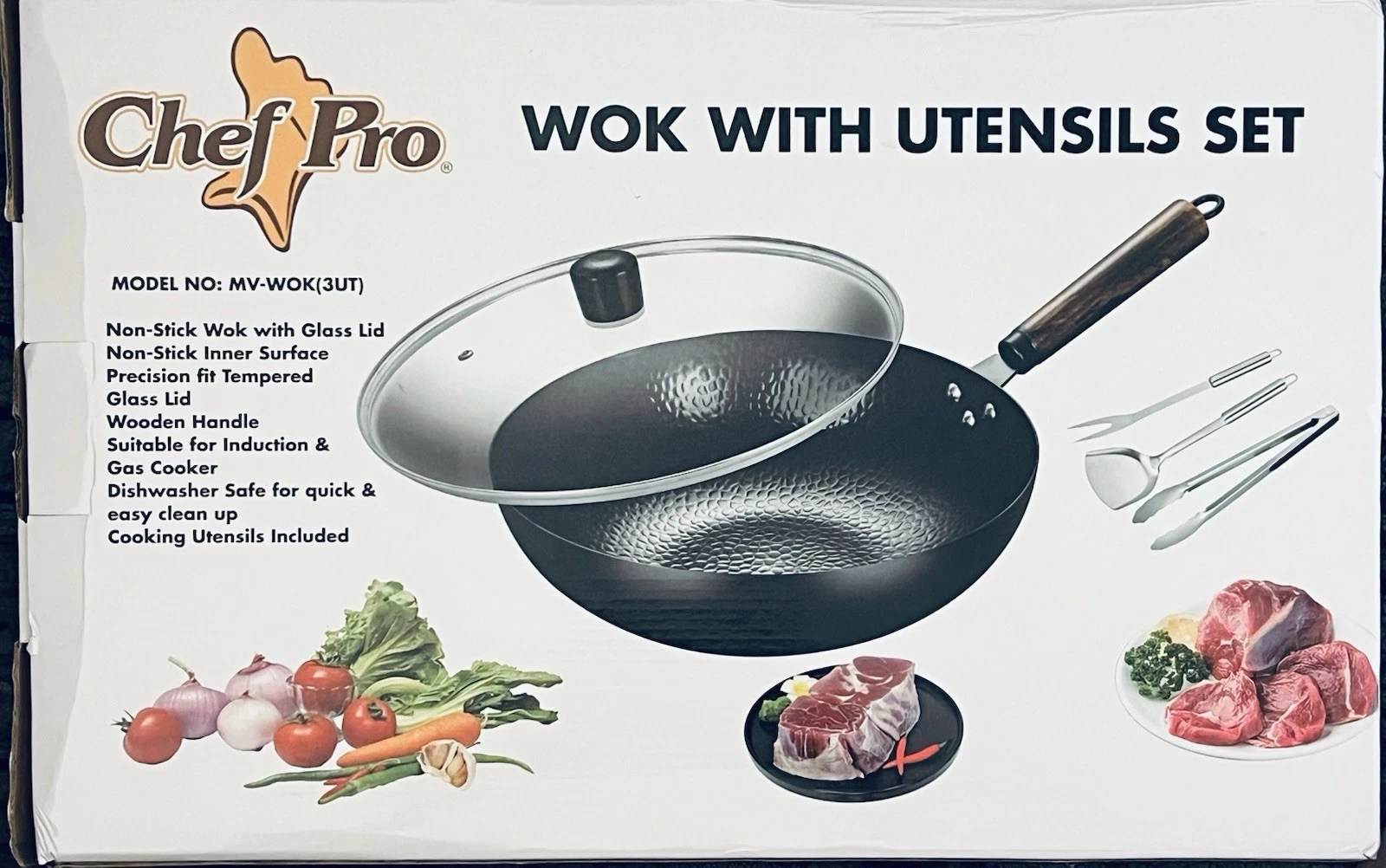 Chef PRO MODEL NO: MV-WOK(3UT) Non-Stick Wok with Glass Lid Non-Stick Inner New