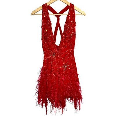 red and gold mini dress Sparkly Sheath Spaghetti Straps Gold Mini Party Dresses with Tassel Red / 6