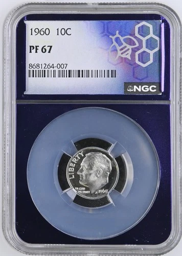 1960 Roosevelt Dime Proof - 10c - PF 67 NGC 90% Silver Trader Bea Purple Core
