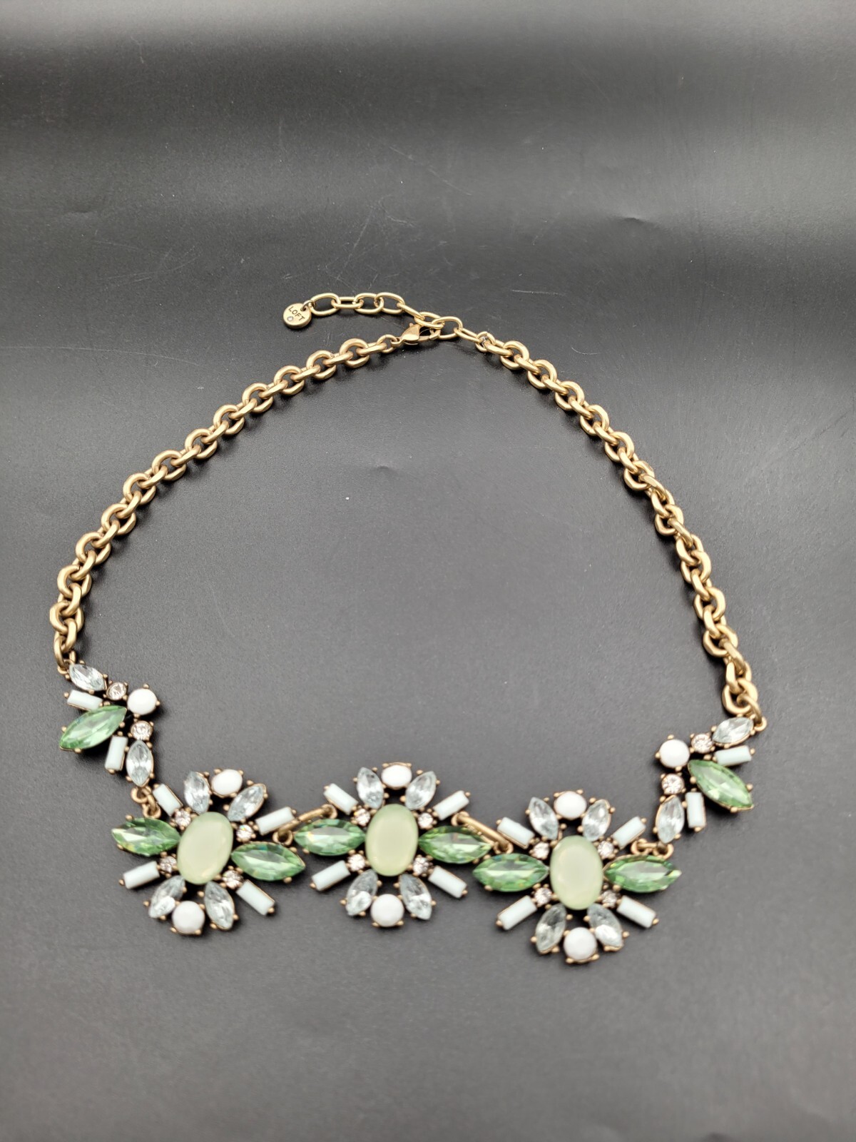 Statement Necklace Bib Mint White Rhinestones Gol… - image 1