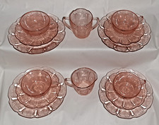 Cherry Blossom Junior Child Tea Set 14 Pc Pink Depression Glass Jeannette