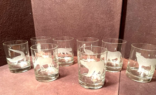 8 Scare Vintage National Wildlife Federation Etched Whiskey Tumblers in Orig Box