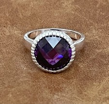 VINTAGE ROUND FACETED PURPLE AMETHYST STONE STERLING SILVER RING SIZE 7.5