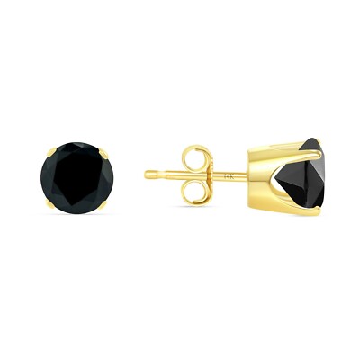 2 Ct Round Black Created Diamond Earrings Studs Real 14K Yellow Gold Crown Push