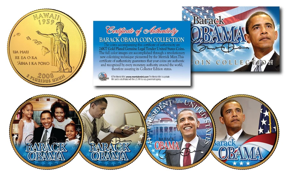 BARACK OBAMA 44th President 24KT Gold Plated HAWAII Statehood Quarter 4-Coin Set - Image 3 of 3