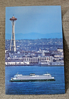 Seattle WA Washington State Ferry Passing Water Front Space Needle Vtg Postcard