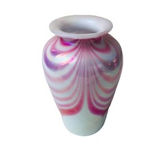 OBG Ornamental Blown Glass Pulled Feather VASE Iridescent Pink White Opalescent