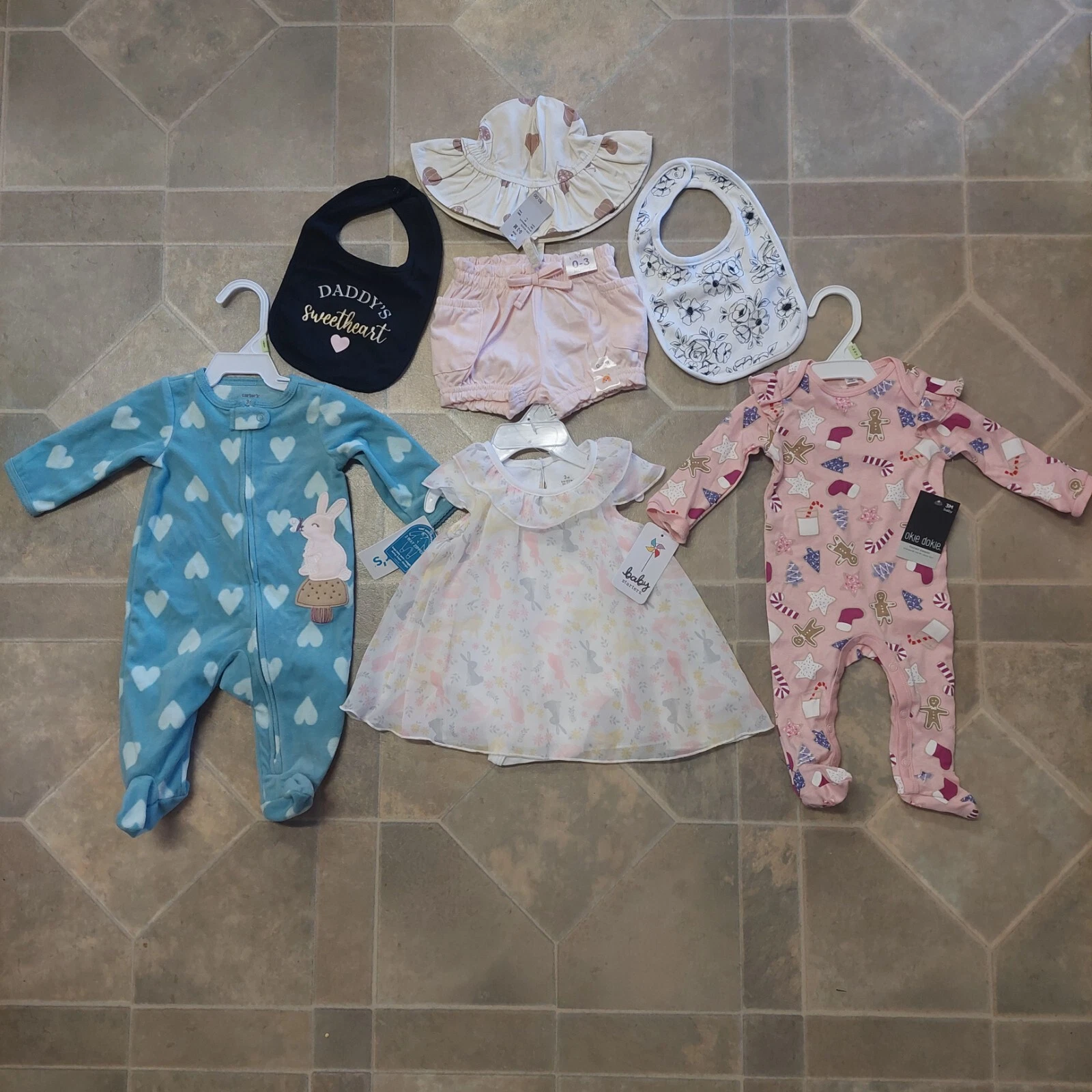 Carter's Baby Bundle Dress Pajamas Shorts Hat Bibs 0-3m Headwrap Sock Set...