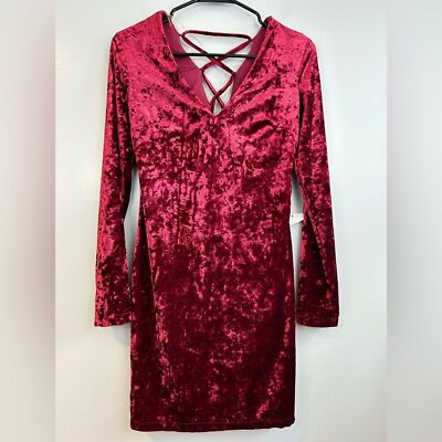 NWT D0 + Be Burgundy Red Velvet Lace Up Back Mini Long Sleeve Dress Size Small