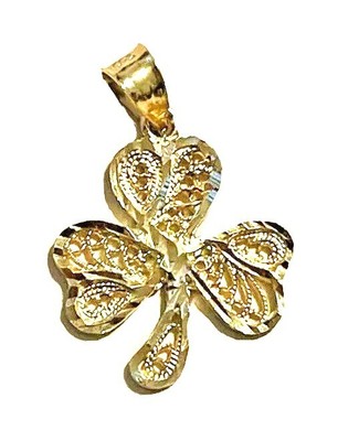  14K Gelbgold filigran Diamantschliff 3-Blatt Kleeblatt Anhänger Charm
