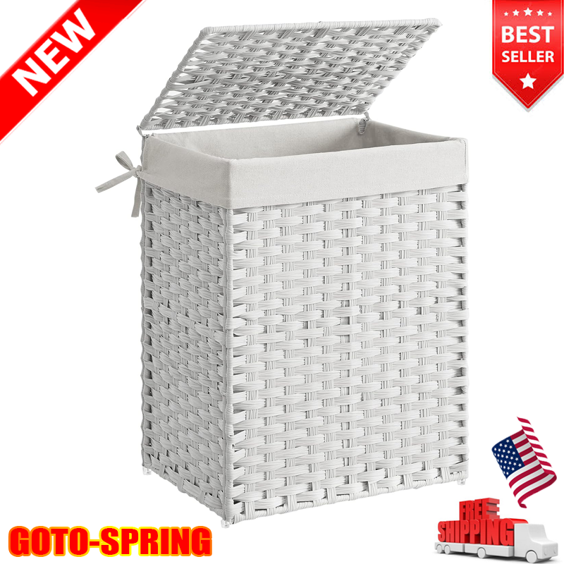 Rattan Laundry Hamper with Lid, Handle & Removable Liner, Portable Clothes Basket-image